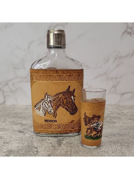 Vintage Other - Vintage Mexico Horse glass and leather flask and shot glass set horses